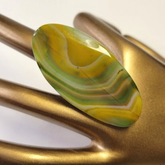 Yellow Green Agate Ring Adjustable Band Handmade Semi Precious Ring - Picture 3 of 9